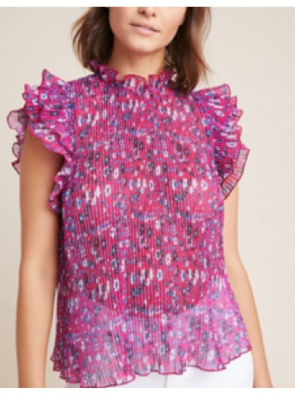 Anthropologie Frieda Pleated Ruffled Blouse Pink floral print Size Small